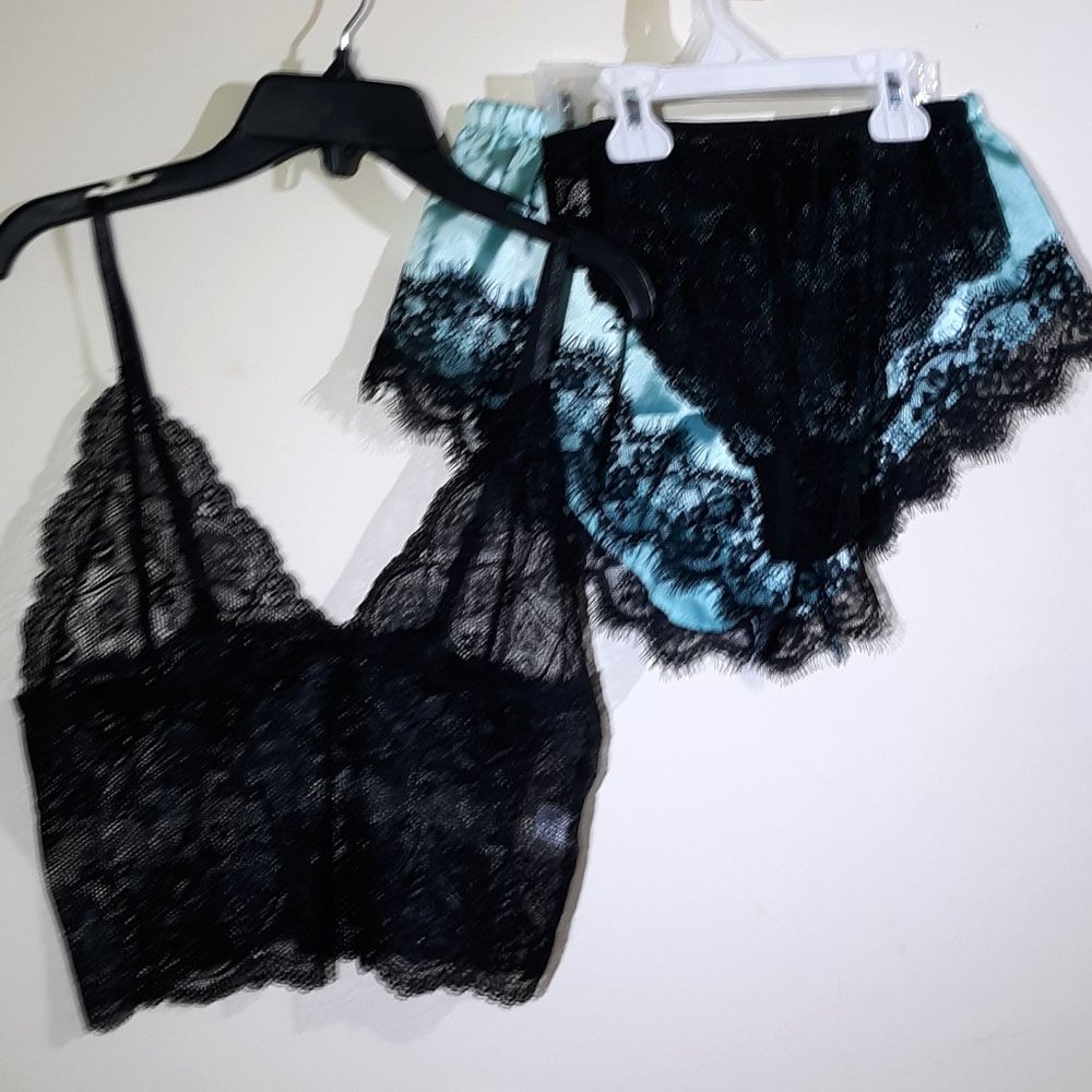 3 pc Lingerie Set Black & Aqua Satin & Lace Cami